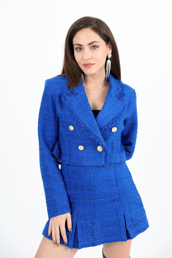 Women's Tassel Detailed Double Breasted Collar Chanel Short Jacket - Saks Blue