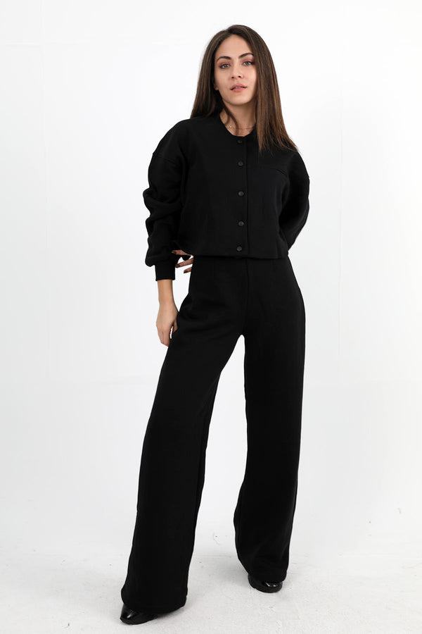 Women's Three Thread Snap Jacket And Trousers Set - Black