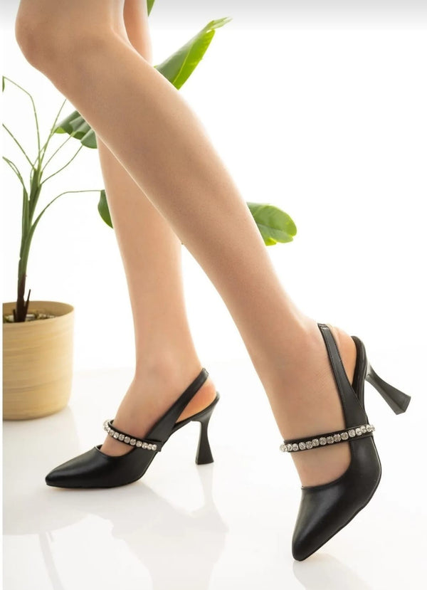 Women's Trac Black Satin Heeled Shoes