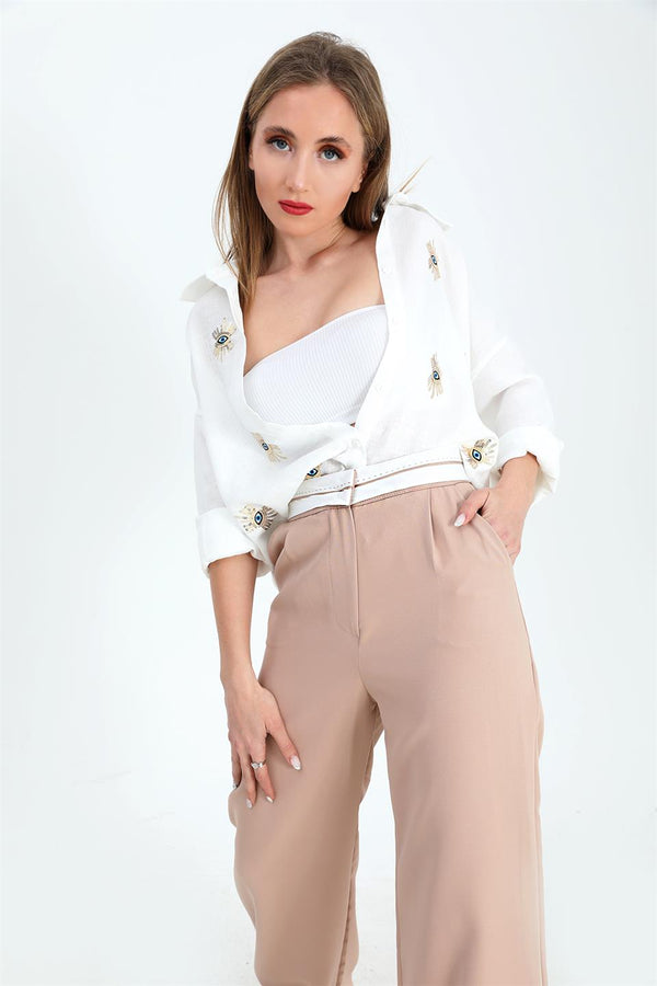 Women's Trousers Garni Belt Atlas Fabric - Beige