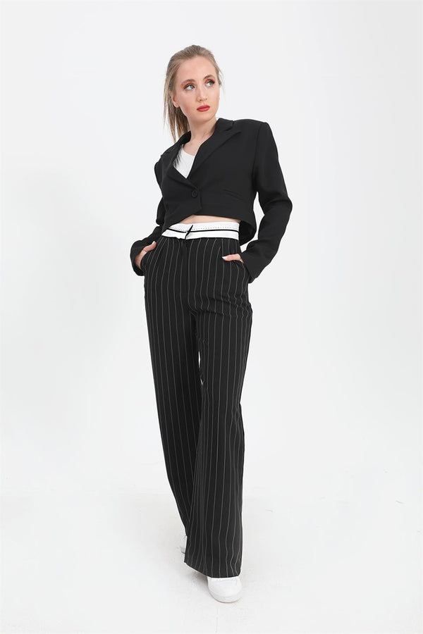 Women's Trousers Garni Belted Wide Striped - Black