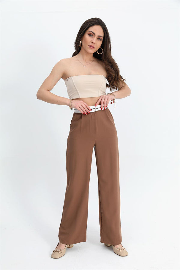 Women's Trousers Palazzo Garni Belted Atlas Fabric - Brown