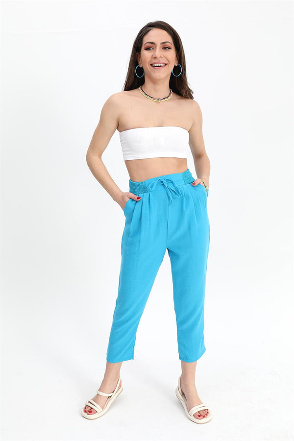 Women's Trousers Waist Elastic Corded Cotton Fabric - Blue