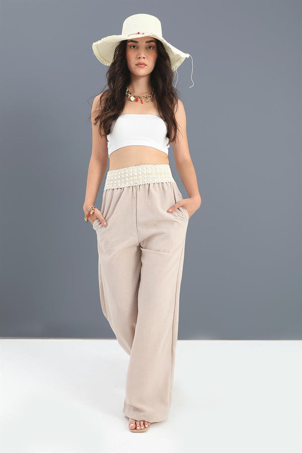 Women's Trousers Waist Knitted Wide Leg - Beige