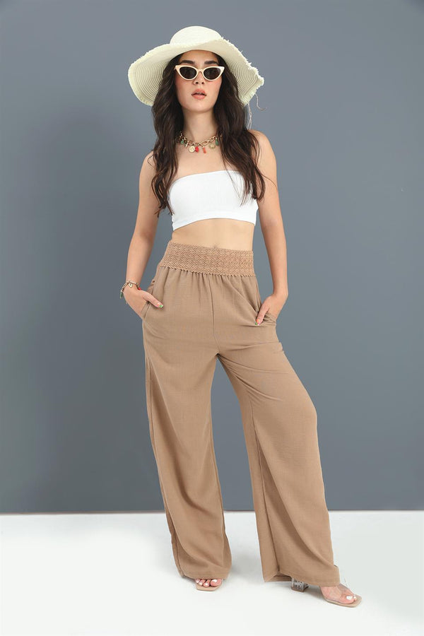 Women's Trousers Waist Knitted Wide Leg - Camel