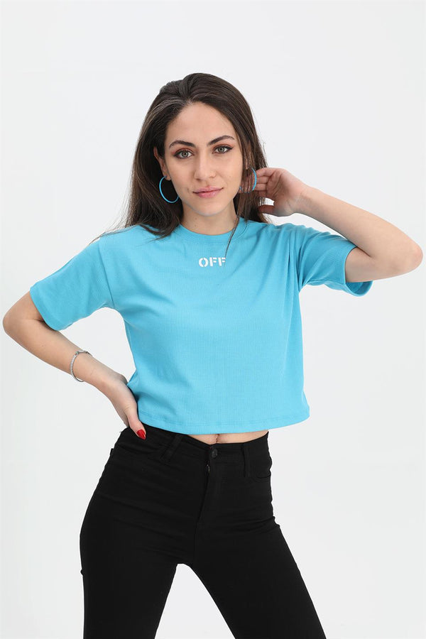 Women's Tshirt Crop Crew Neck Off Written - Blue