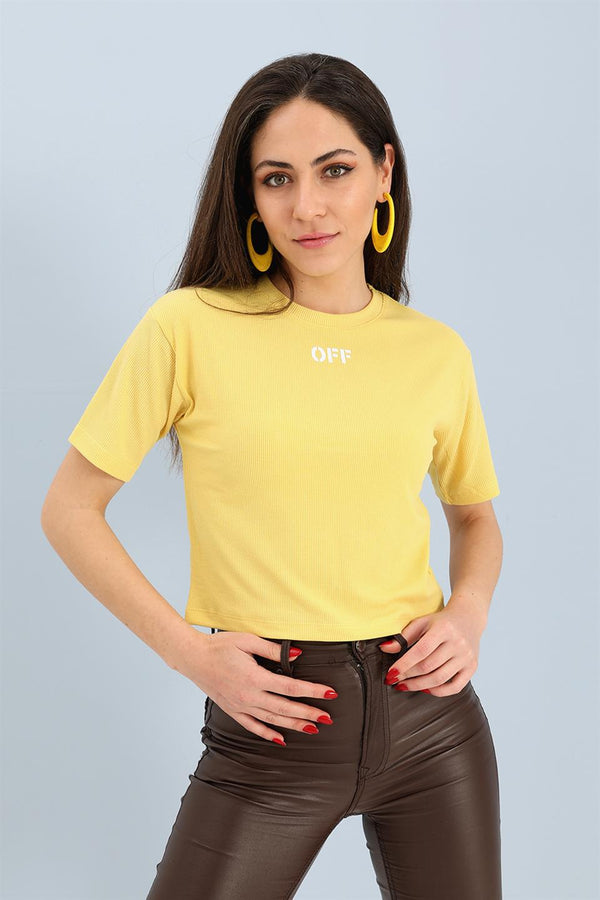 Women's Tshirt Crop Crew Neck Off Written - Yellow