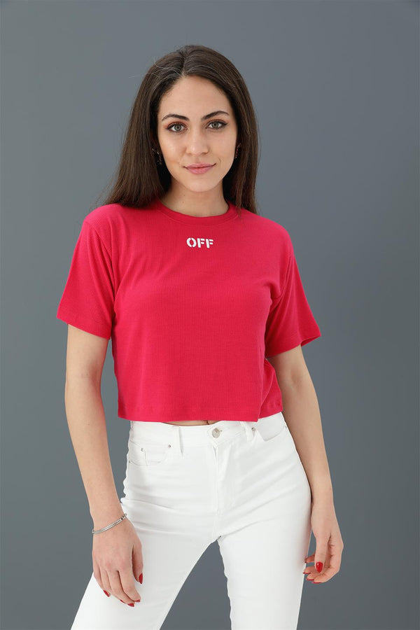 Women's Tshirt Crop Crew Neck Printed Off - Fuchsia