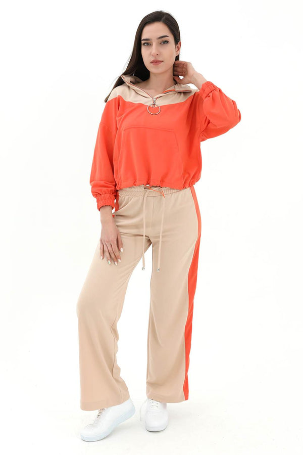 Women's Two Color Atlas Fabric Tracksuit Set - Orange