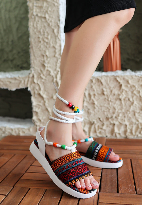 Women's White Kilim Patterned Ankle Sandals