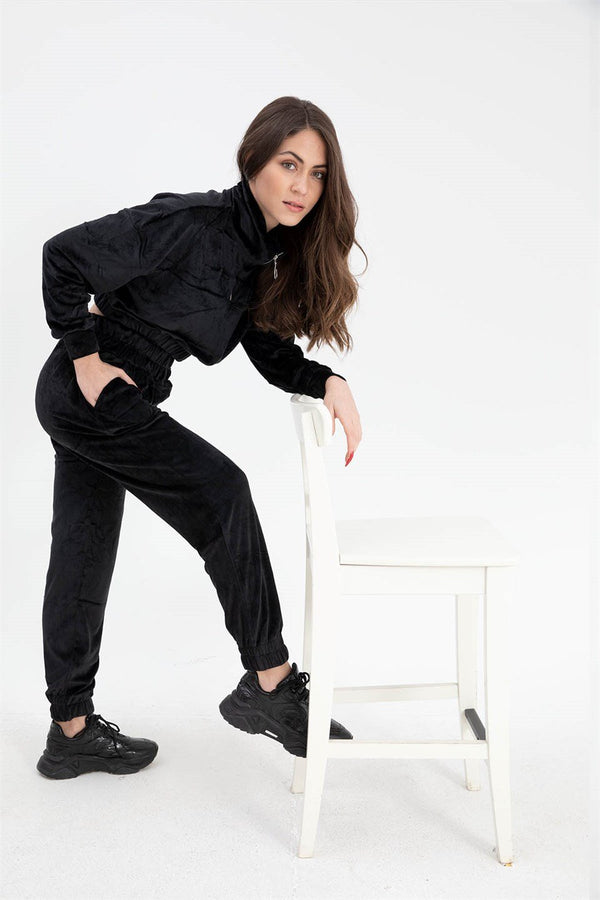 Women's Zippered Velvet Tracksuit Suit - Black