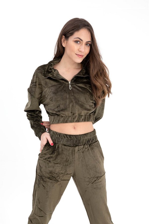 Women's Zippered Velvet Tracksuit Suit - Khaki